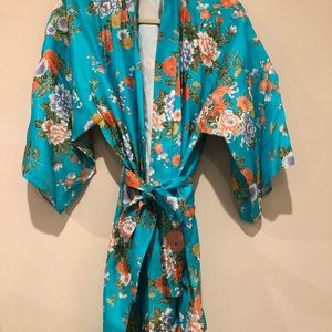 Silk-Feel Floral Kimono Robe in Teal